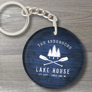 Rustic Lake House Boat Oars Trees Blue Wood Print Key Ring