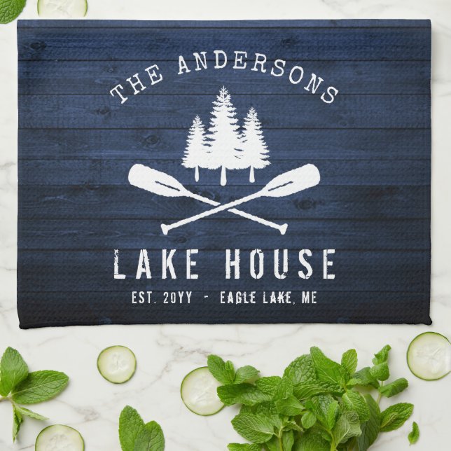Rustic Lake House Boat Oars Trees Blue Wood Print Tea Towel (Folded)