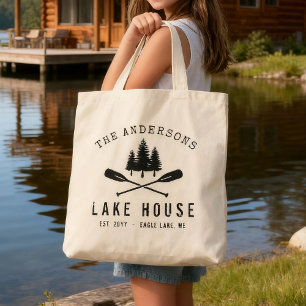 Rustic Lake House Boat Oars Trees Family Name Tote Bag