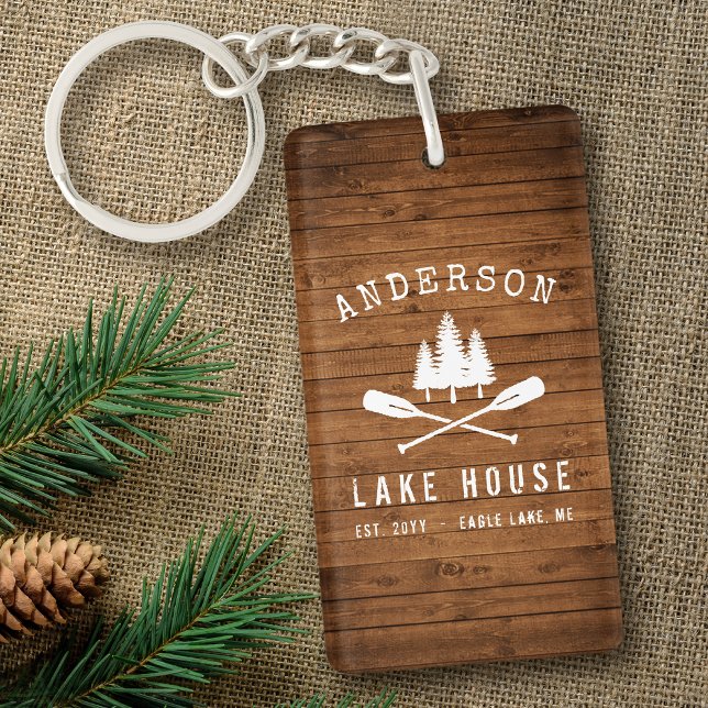 Rustic Lake House Boat Oars Trees Wood 2 Sided Key Ring (Creator Uploaded)
