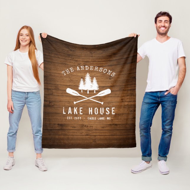 Rustic Lake House Boat Oars Trees Wood Plank Print Fleece Blanket (In Situ)