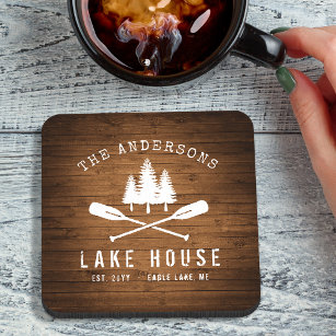 Rustic Lake House Boat Oars Trees Wood Print Coaster