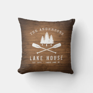Rustic Lake House Boat Oars Trees Wood Print Cushion