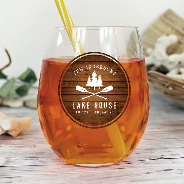 Rustic Lake House Boat Oars Trees Wood Print Stemless Wine Glass (Creator Uploaded)