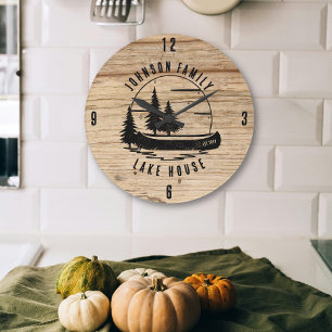 Rustic Lake House Custom Family Name  Large Clock