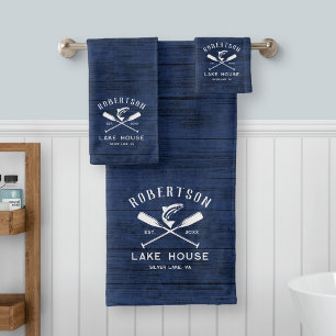 Rustic Lake House Family Name Blue Wood Bath Towel Set