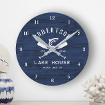 Rustic Lake House Family Name Blue Wood Clock<br><div class="desc">Add a personalised touch to your family lake house or mountain lakeside cottage with this rustic clock,  featuring crossed oars and a jumping fish on a rustic navy blue wood background,  with family name,  lake house location and established date in easy to use text templates.</div>