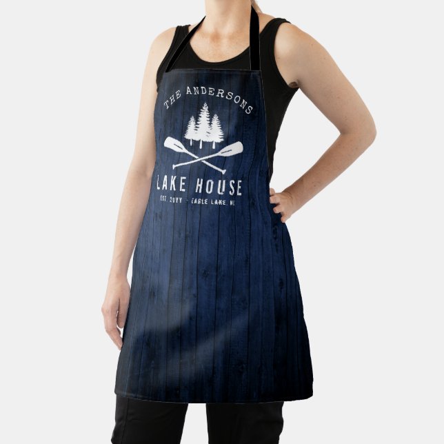 Rustic Lake House Oars Trees Blue Wood Print Apron (Insitu)