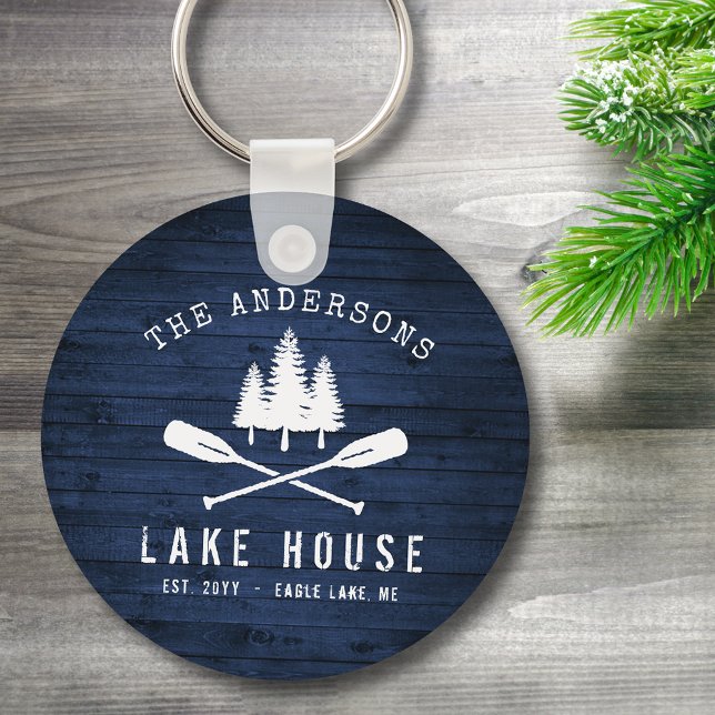 Rustic Lake House Oars Trees Blue Wood Print Round Key Ring (Creator Uploaded)