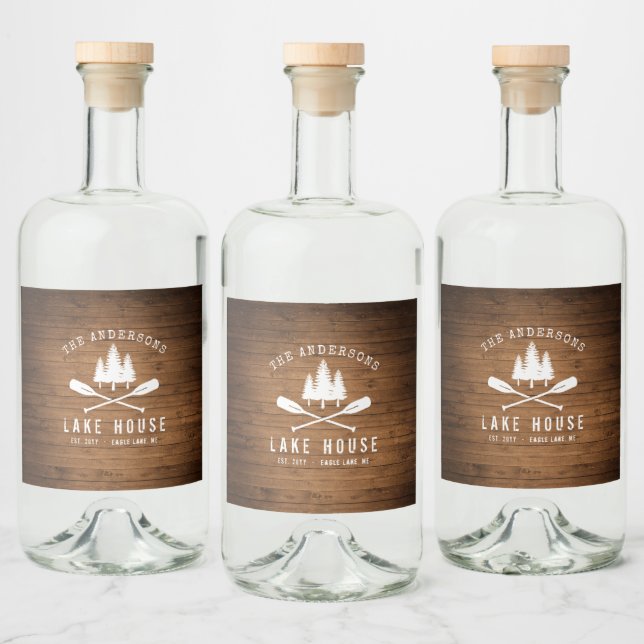 Rustic Lake House Oars Trees Wood Print Liquor Bottle Label (Bottles)