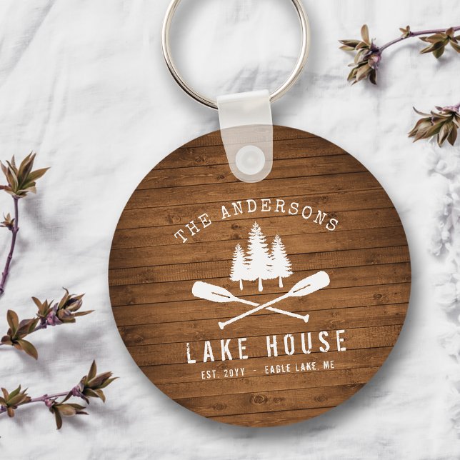 Rustic Lake House Oars Trees Wood Print Round Key Ring (Creator Uploaded)