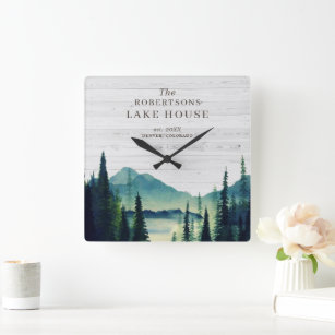 Rustic Lake House Themed   Family Name Square Wall Clock