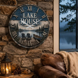 Rustic Lake House Vintage Cabin Canoe Lake Large Clock