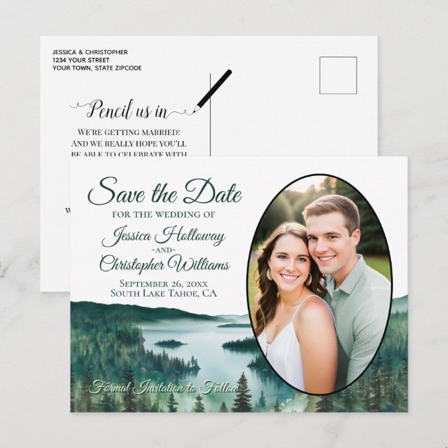 Rustic Lake Tahoe Oval Photo Save The Date Announcement Postcard (Front/Back)