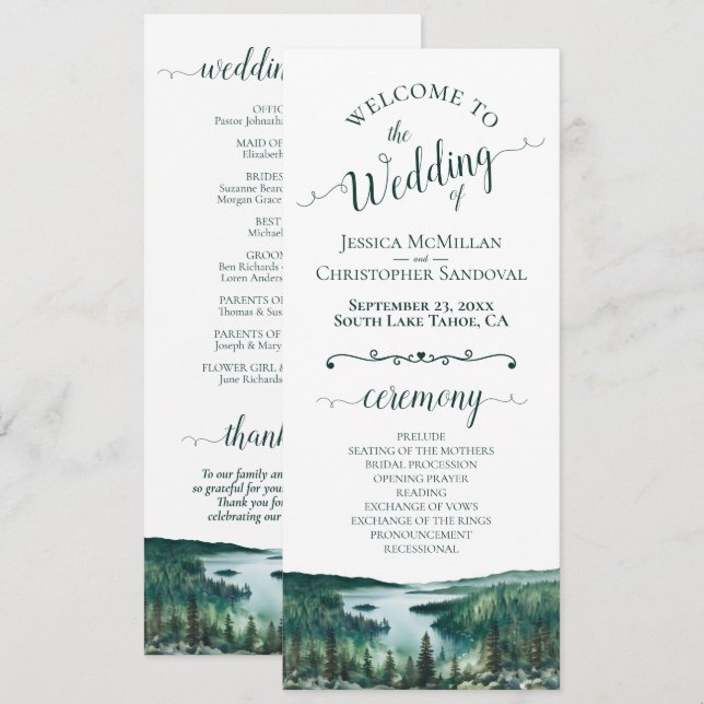 Rustic Lake Tahoe Watercolor Landscape Wedding Program (Front/Back)