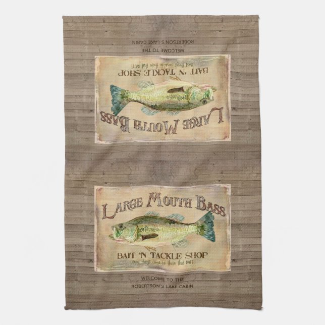 Rustic Lakeside Cabin Large Mouth Bass Fishing Tea Towel (Vertical)