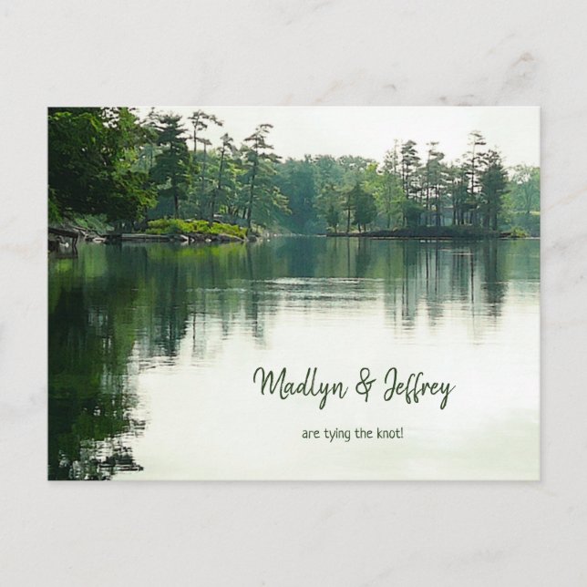 Rustic lakeside evergreen reflection save the date announcement postcard (Front)