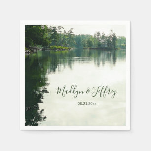 Rustic lakeside evergreens reflection wedding napkin