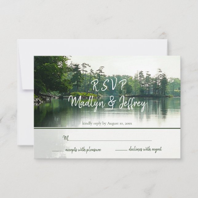 Rustic lakeside evergreens reflection wedding rsvp card (Front)