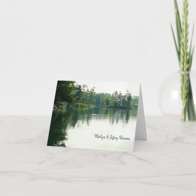 Rustic lakeside evergreens reflection wedding thank you card (Front)