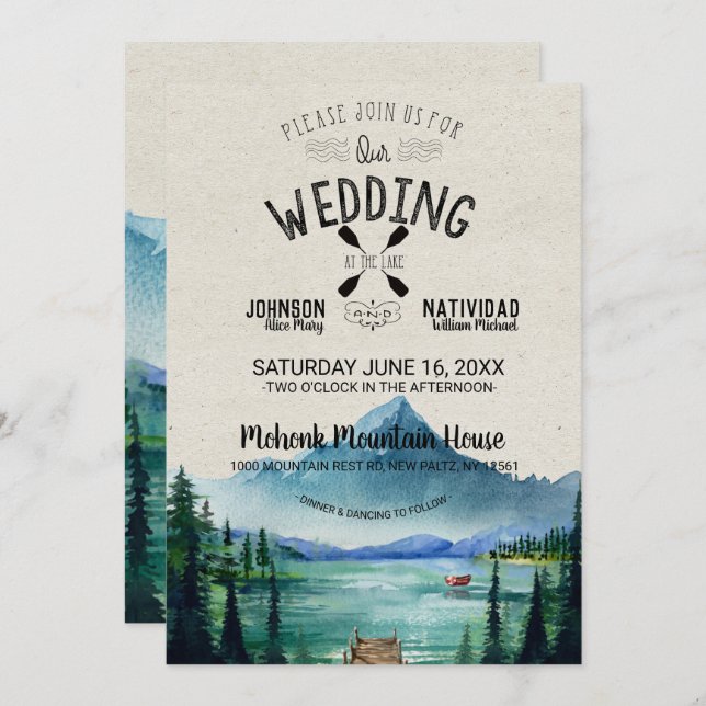 Rustic Lakeside Mountain Wedding Invitation (Front/Back)