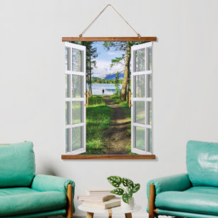 Rustic Lakeview Illustration View Hanging Tapestry