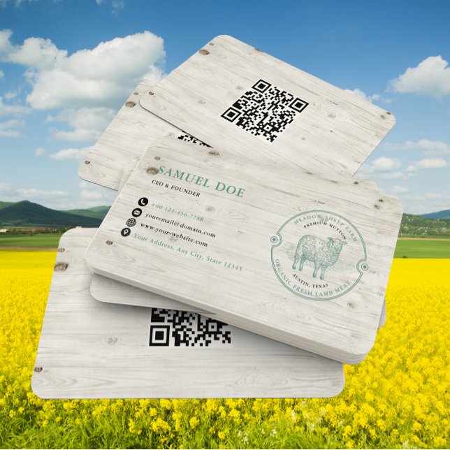 Rustic Lamb Sheep Farm LOGO QR Code Green Business Card (Creator Uploaded)