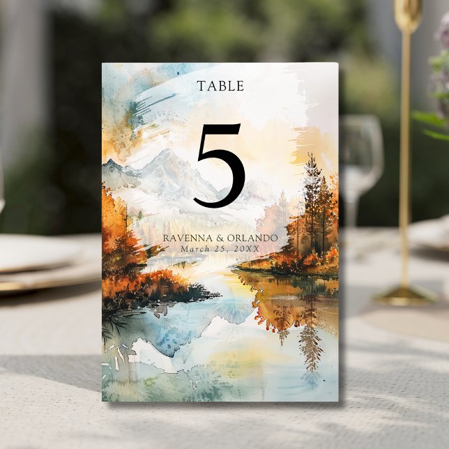 Rustic Landscape Mountain Lake Fall Wedding Table Number (Creator Uploaded)