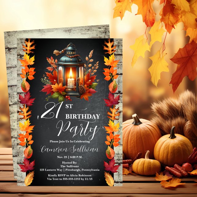 Rustic Lantern and Leaves Fall 21st Birthday Party Invitation (Candlelit Lantern and Fall | Autumn Leaves 21st Birthday Party Celebration Invitation)