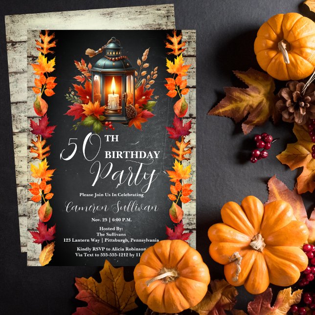 Rustic Lantern and Leaves Fall 50th Birthday Party Invitation (Candlelit Lantern and Fall | Autumn Leaves 50th Birthday Party Celebration Invitation)