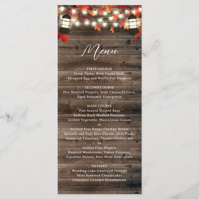 Rustic Lantern Autumn Leaves Fall Wedding Menu (Front)