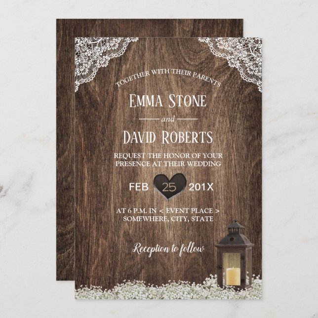 Rustic Lantern & Baby's Breath Laced Wood Wedding Invitation (Front/Back)