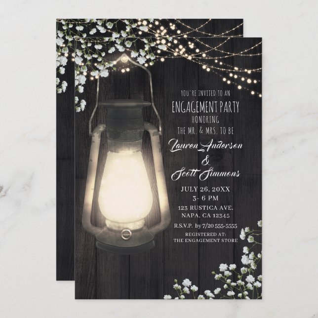 Rustic Lantern Baby's Breath Lights Engagement Invitation (Front/Back)