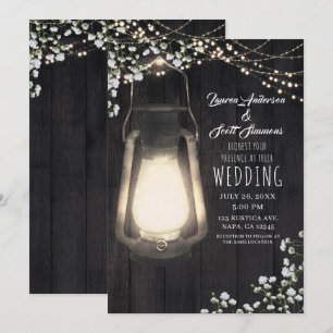 Rustic Lantern Baby's Breath & Lights Wedding Invitation