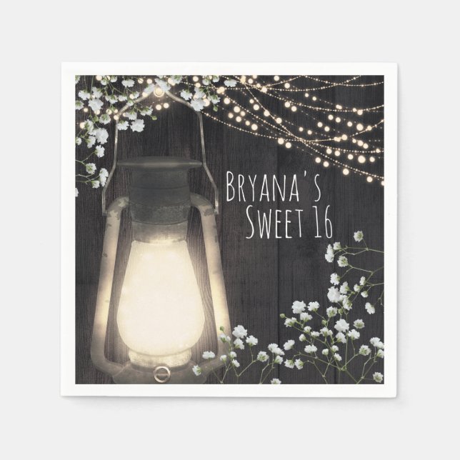 Rustic Lantern Baby's Breath & Lights Wedding Napkin (Front)