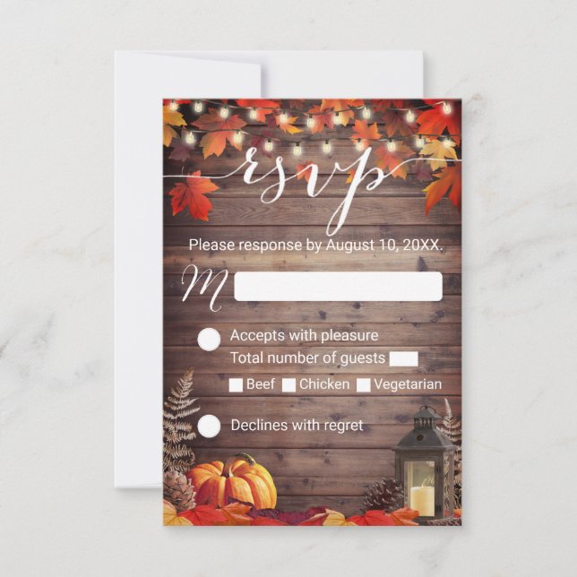 Rustic Lantern Barn Wood Fall Wedding RSVP Card (Front)