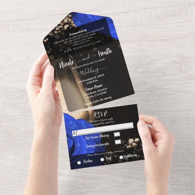 Rustic Lantern & Blue Roses Wedding + RSVP  All In One Invitation (Tearaway)