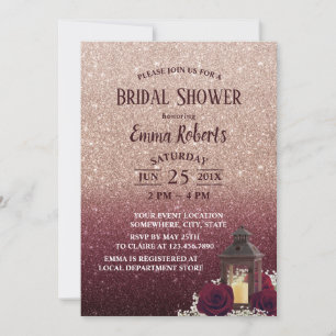 Rustic Lantern Burgundy Rose Gold Bridal Shower Invitation