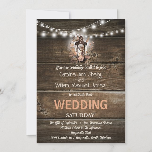 Rustic Lantern Country Wood Barn Wedding Invitation (Front)