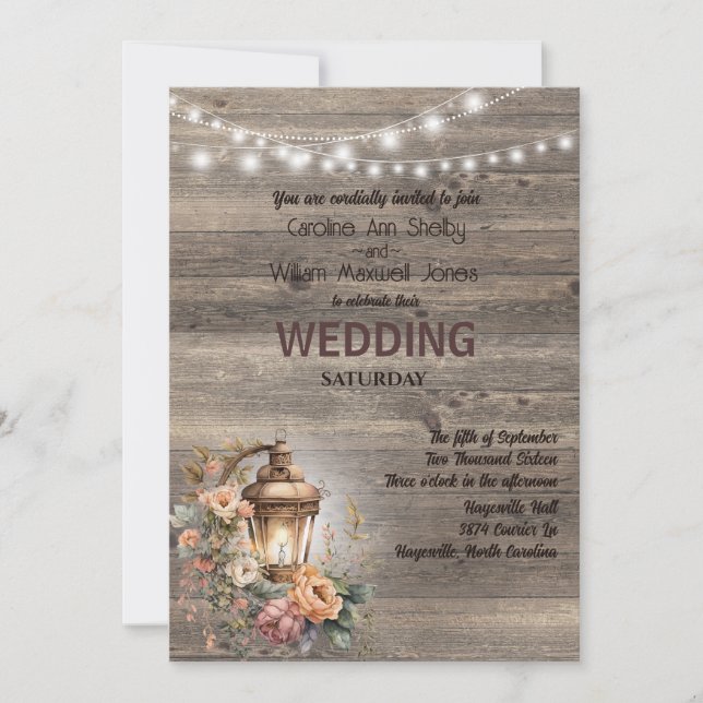 Rustic Lantern Country Wood Barn Wedding Invitation (Front)