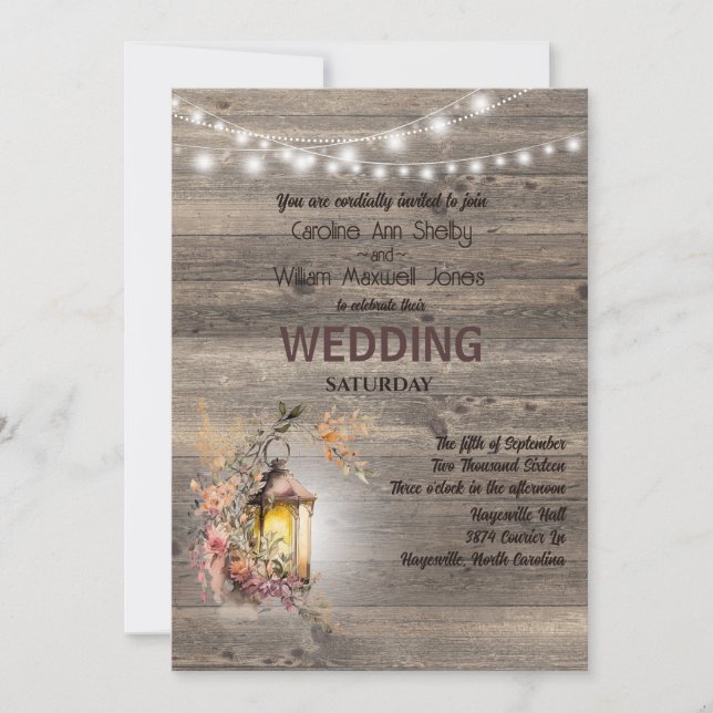Rustic Lantern Country Wood Barn Wedding Invitation (Front)
