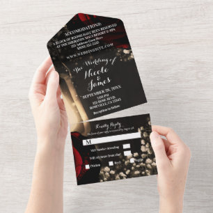 Rustic Lantern & Glam Red Roses Wedding + RSVP   All In One Invitation