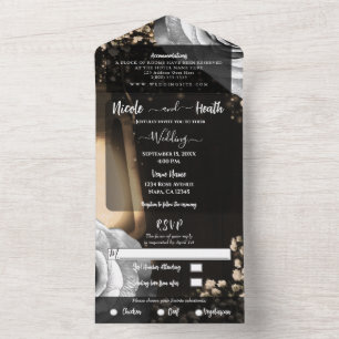 Rustic Lantern & Glam Silver Roses Wedding All In One Invitation