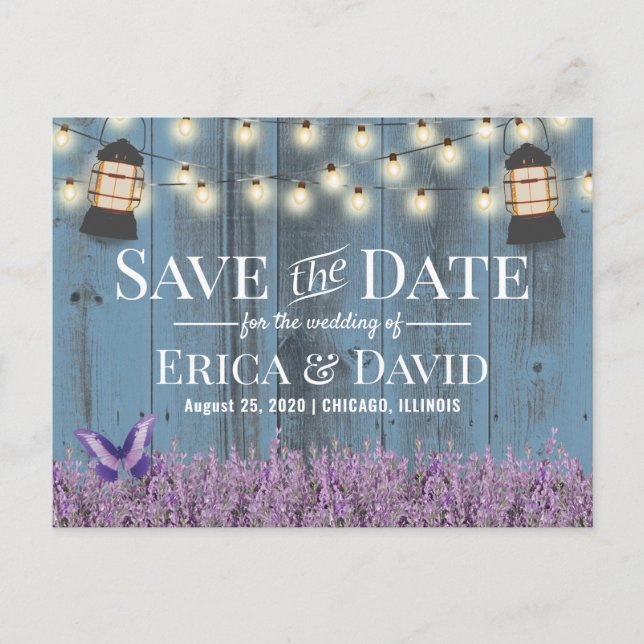 Rustic Lantern Lavender Dusty Blue Save the Date Announcement Postcard (Front)