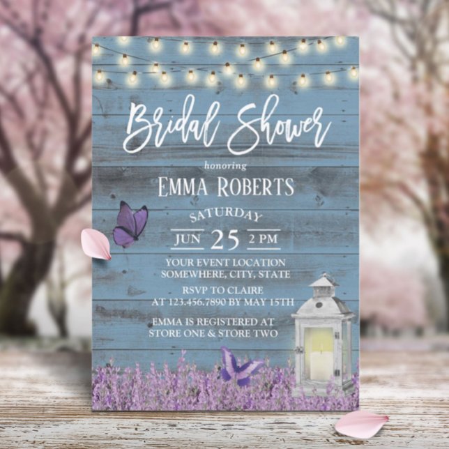Rustic Lantern Lavender Flowers Blue Bridal Shower Invitation (Creator Uploaded)
