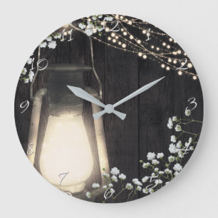 Rustic Lantern Light & Baby's Breath Floral Large Clock