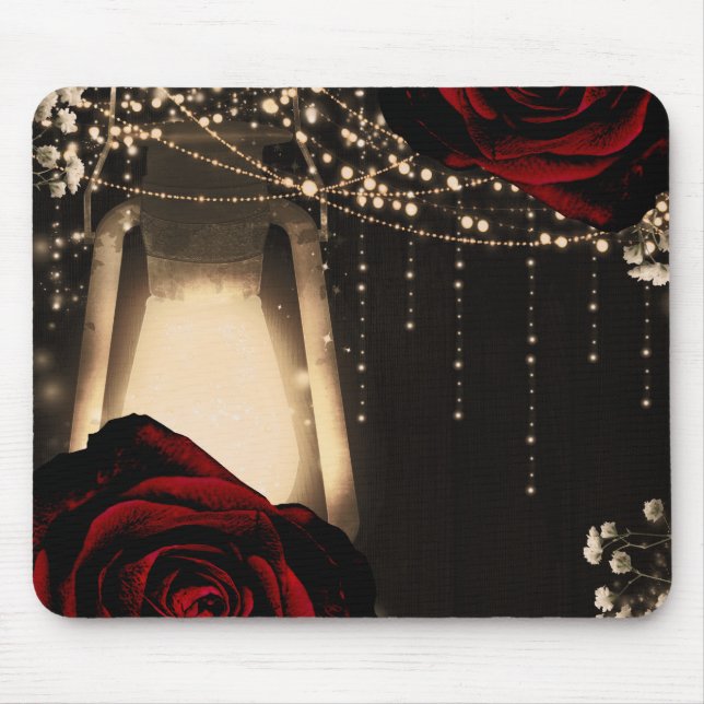 Rustic Lantern Light & Dark Red Roses Floral Glam Mouse Pad (Front)