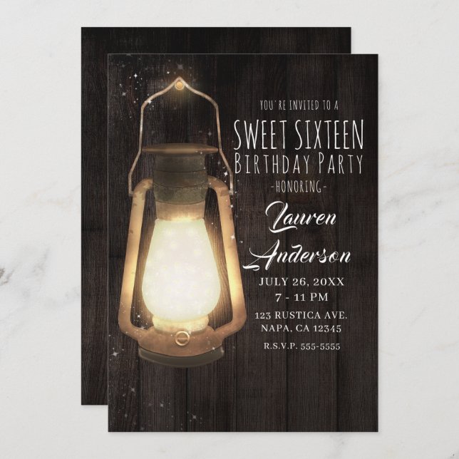 Rustic Lantern Lights Barn Wood Sweet 16 Party Invitation (Front/Back)