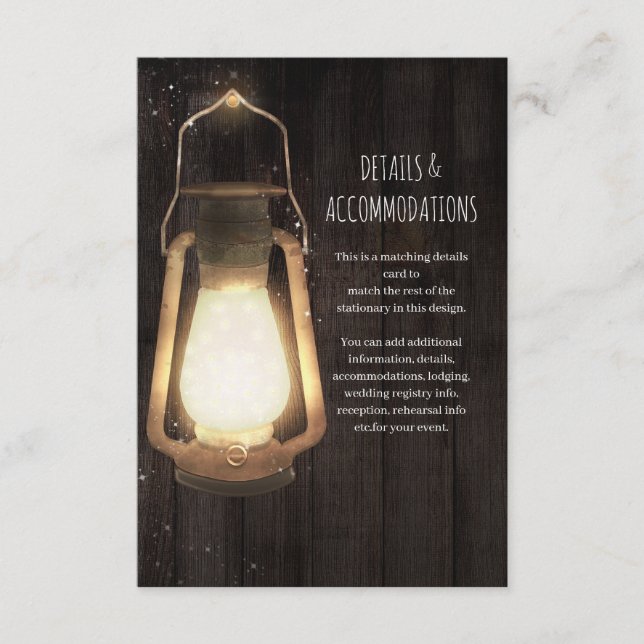 Rustic Lantern Lights Barn Wood Wedding Details Enclosure Card (Front)