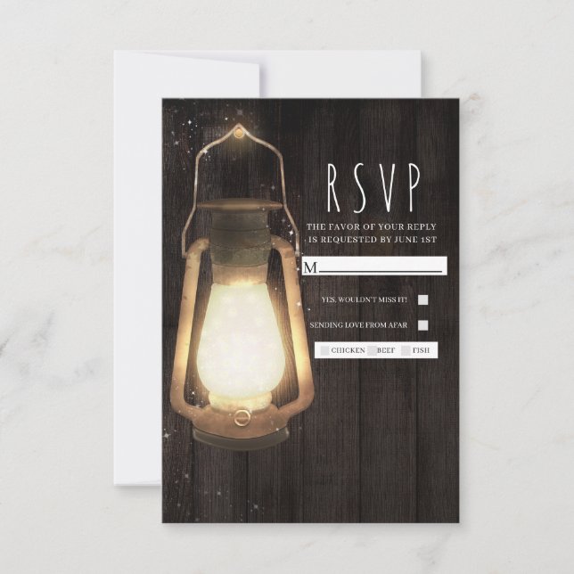 Rustic Lantern Lights Barn Wood Wedding RSVP Card (Front)
